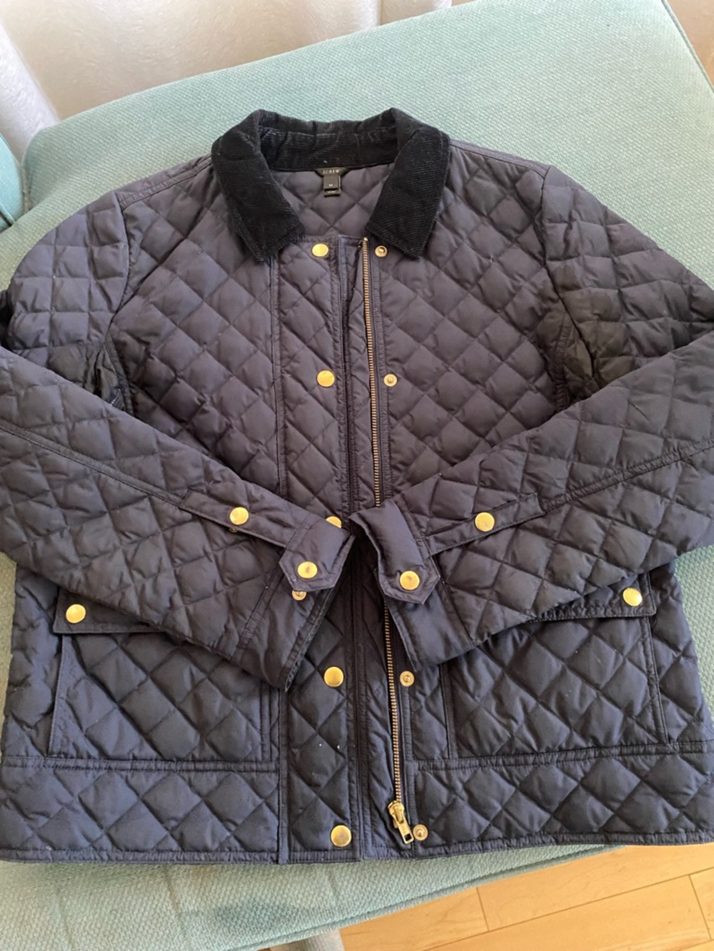 J. Crew Quilted Navy Jacket with Black Corduroy Collar